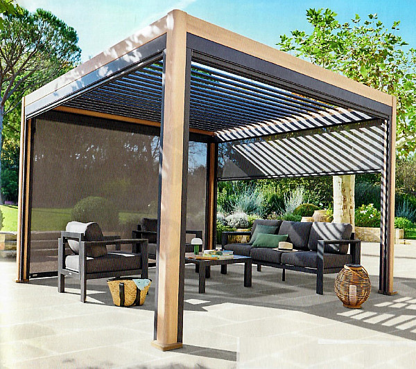 Gartenpavillon aus Aluminium elektrisch MEGAN 3,6x3,6 m (Holzeffekt)