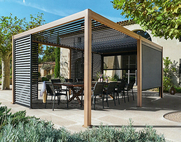 Gartenpavillon aus Aluminium elektrisch MEGAN 6x3,6 m (Holzeffekt)